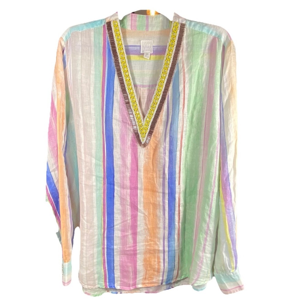 120% Lino Linen Beaded Rainbow Dyed Long‎ Sleeve Blouse Top 50 XXL Boho Beaded